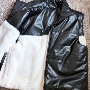 Black Vegan Leather & White Faux Fur Zip Jacket
